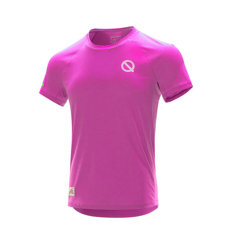 QK Running Men's Breathable Checkered Fabric T-shirt Top in pink
