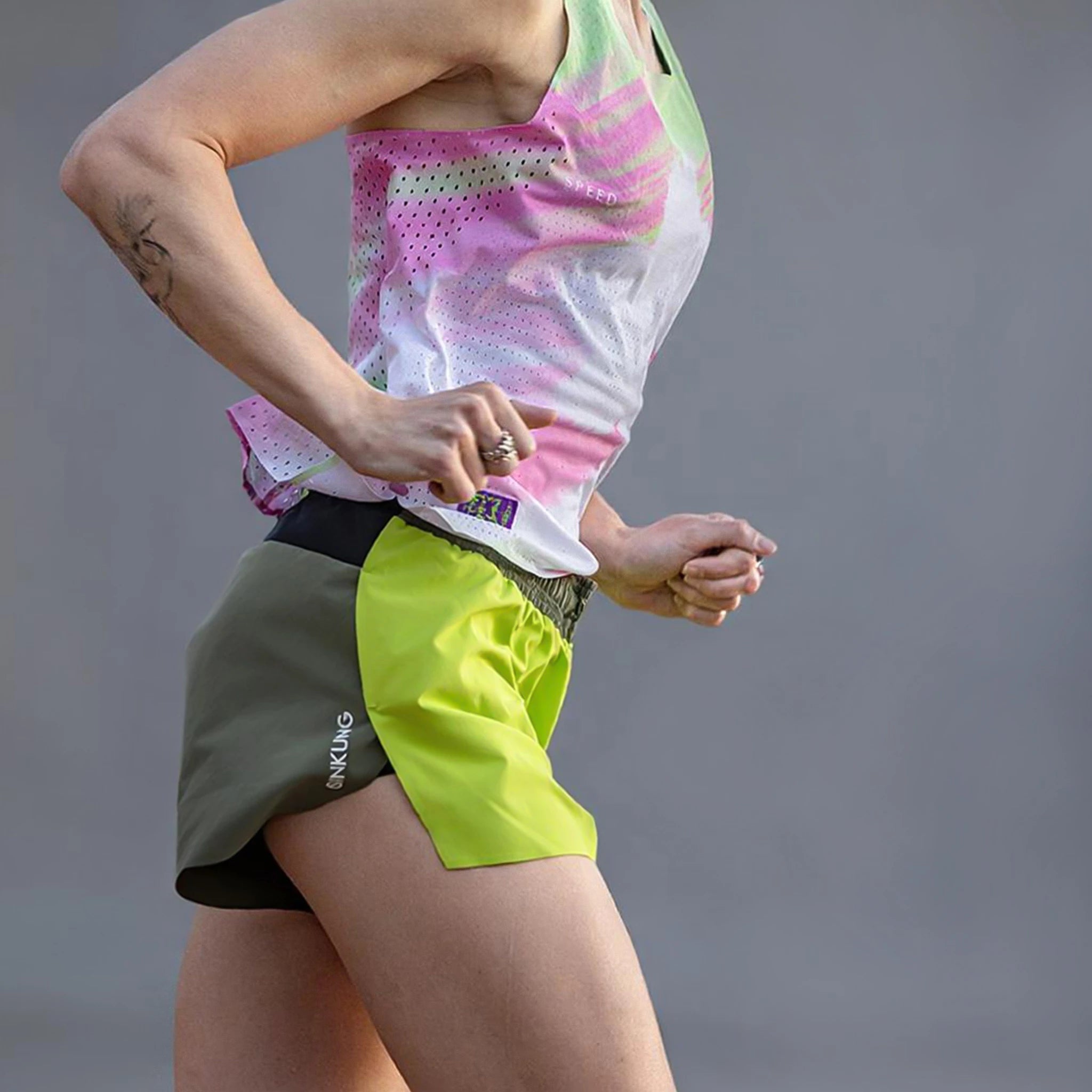 Womens Phantom Split shorts in lime-green olive color