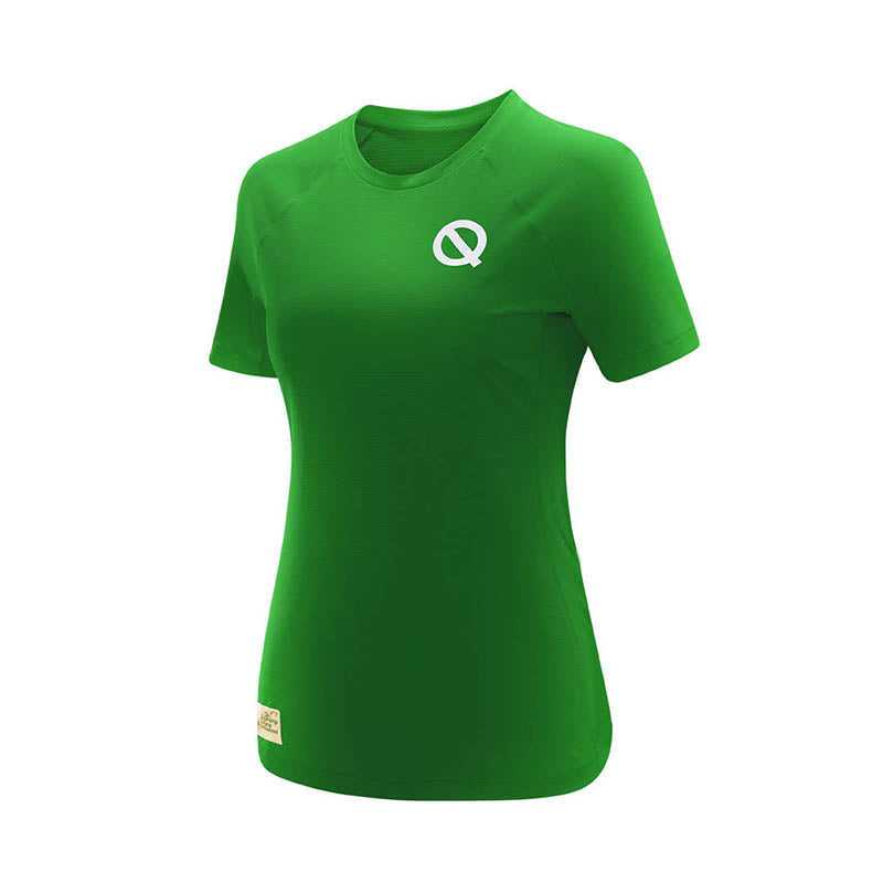 Women Breathable Checkered Fabric Quick-Dry Crew Neck Short-Sleeve T-Shirt in Green