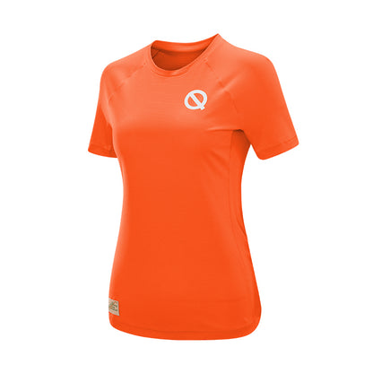 Women Breathable Checkered Fabric Quick-Dry Crew Neck Short-Sleeve T-Shirt in Orange
