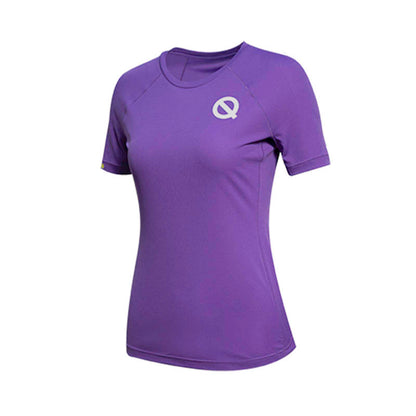 Women Breathable Checkered Fabric Quick-Dry Crew Neck Short-Sleeve T-Shirt in deep purple